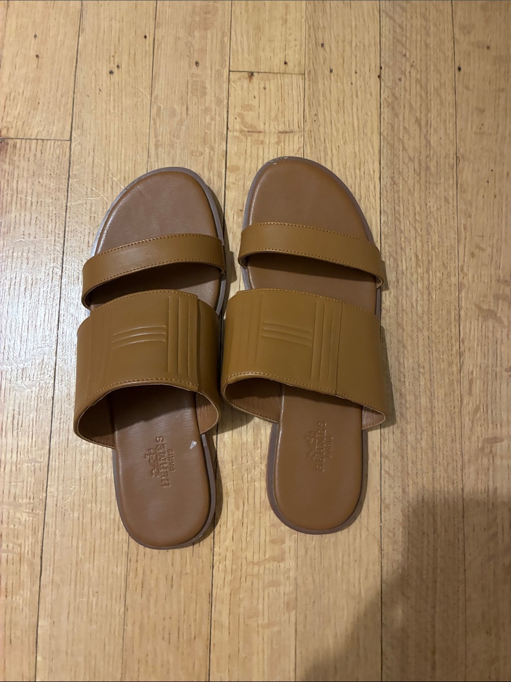 Hermes Cognac Double-Strap Leather Slide Sandals